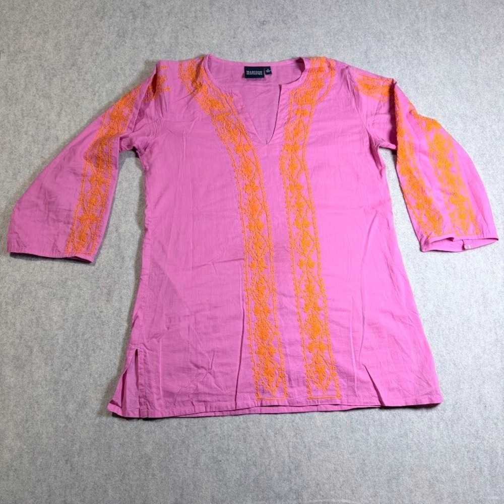 Madison Mathews Tunic Top Womens S Pink Cotton Boho Embroidered Festival Coastal